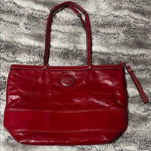 Vintage Coach Red Leather Tote with Circular Logo Medallion